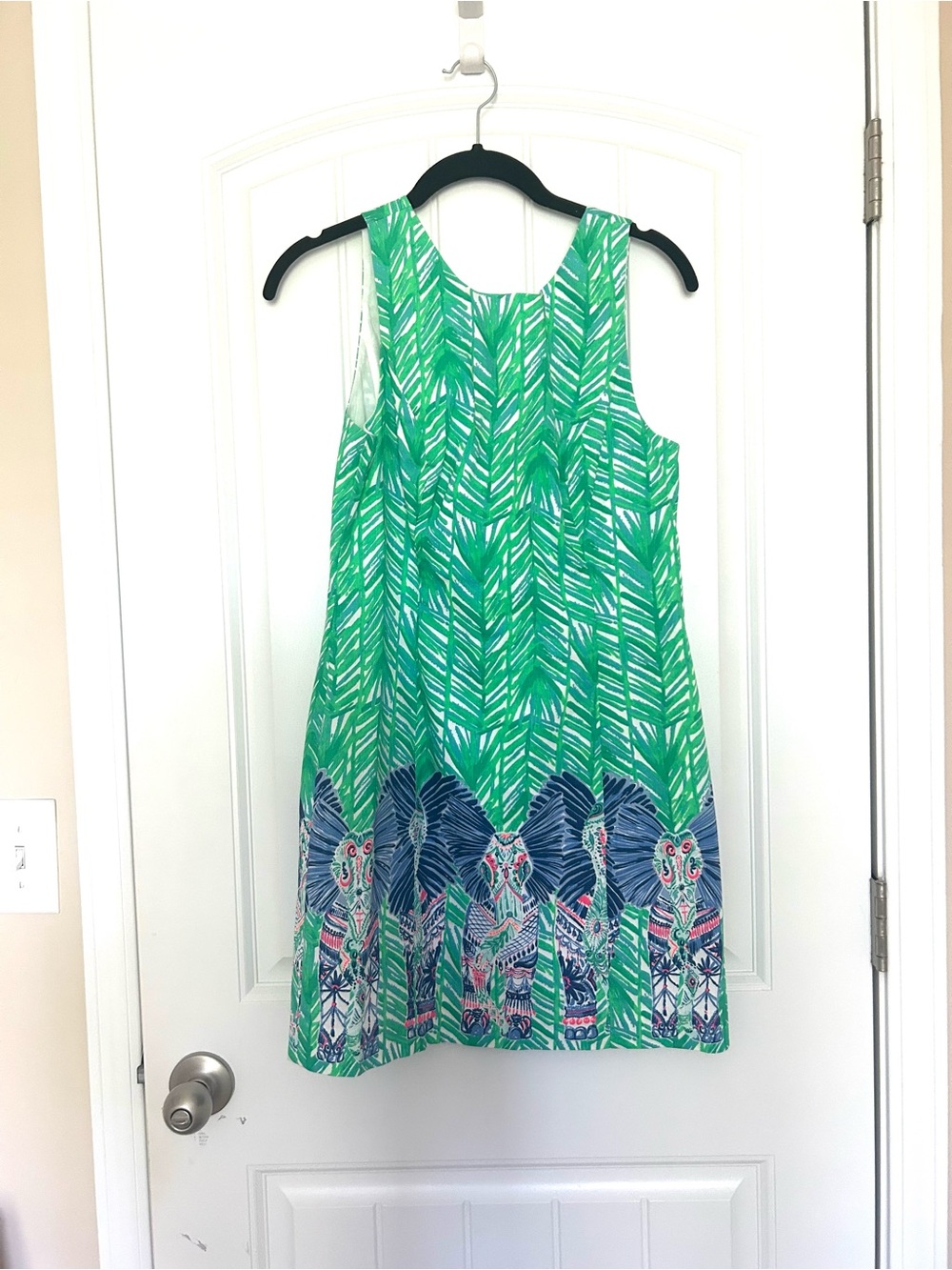 Lilly Pulitzer Sleeveless Green Patterned Mini Dress with Blue Elephant Trim